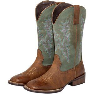 Western Cowgirl Boots with Square Toe & Two-Tone Stitch Vintage Block Heel